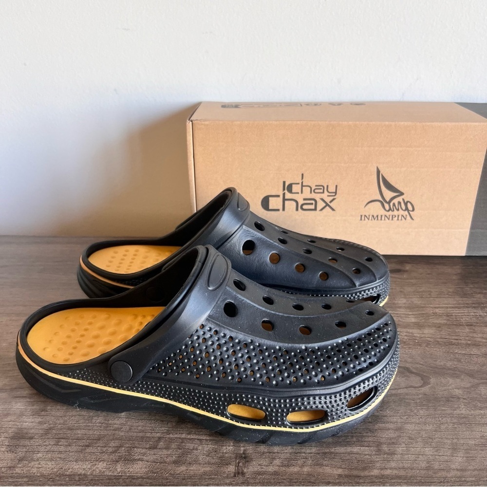 ChayChax Unisex Black Gold Arch Support Clogs Size 10 or 11 #B1314